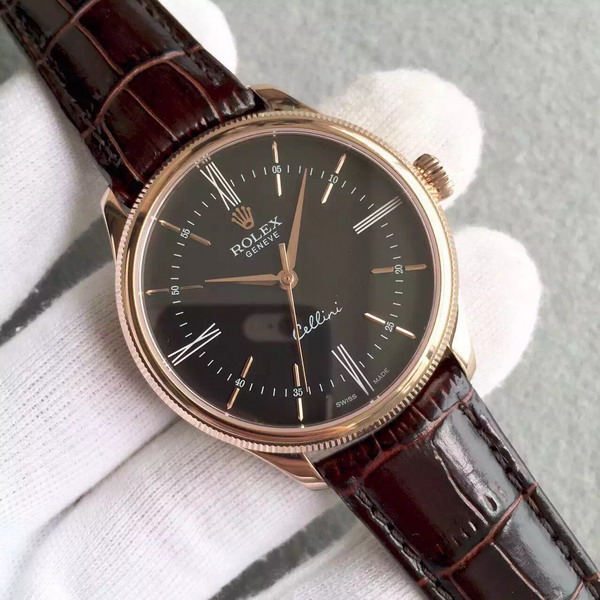 Rolex Cellini Gold Black Panel Leather Strap for Sale