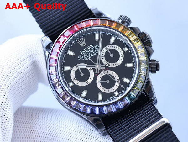 Rolex Cosmograph Daytona Watch in Black with Multicolor Crystals Replica
