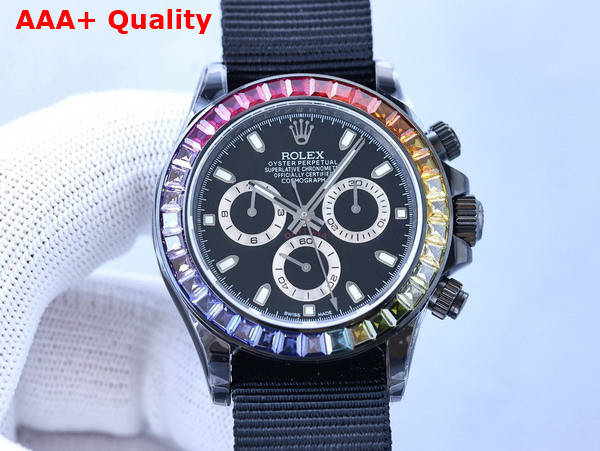 Rolex Cosmograph Daytona Watch in Black with Multicolor Crystals Replica