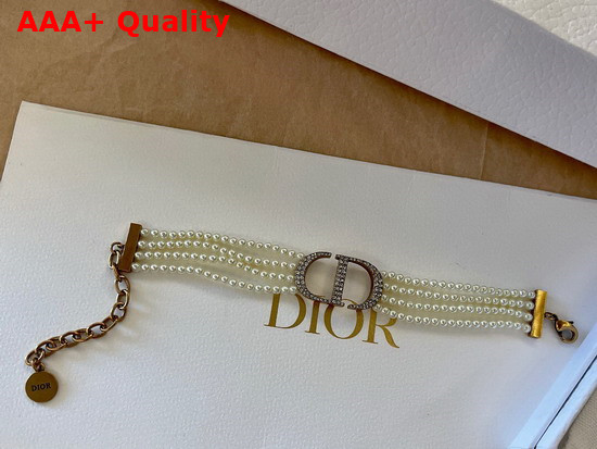 Dior 30 Montaigne Bracelet Antique Gold Finish Metal with White Glass Beads and White Crystals Replica