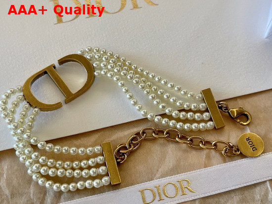 Dior 30 Montaigne Bracelet Antique Gold Finish Metal with White Glass Beads and White Crystals Replica