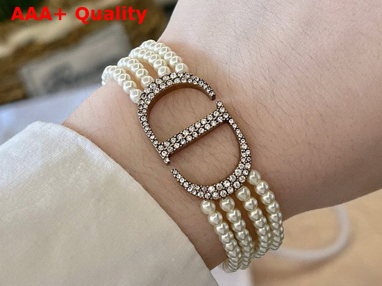 Dior 30 Montaigne Bracelet Antique Gold Finish Metal with White Glass Beads and White Crystals Replica