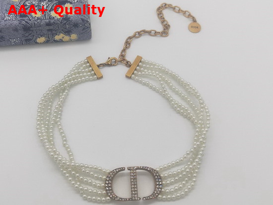 Dior 30 Montaigne Choker Antique Gold Finish Metal with White Glass Beads and White Crystals Replica