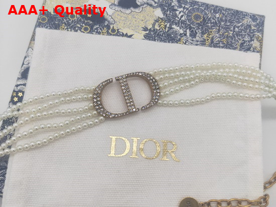 Dior 30 Montaigne Choker Antique Gold Finish Metal with White Glass Beads and White Crystals Replica