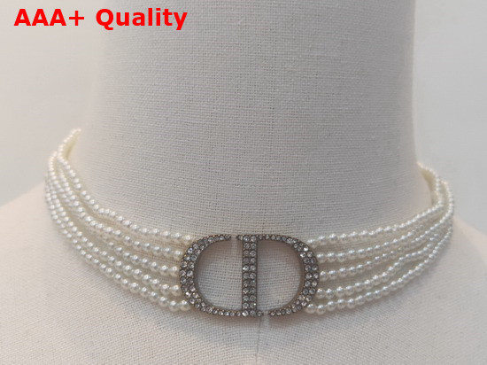 Dior 30 Montaigne Choker Antique Gold Finish Metal with White Glass Beads and White Crystals Replica