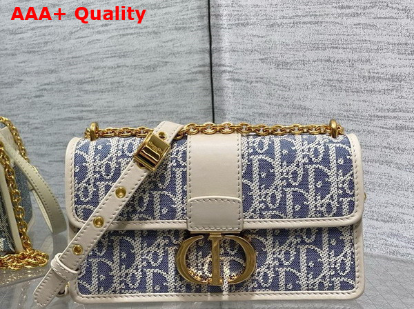 Dior 30 Montaigne East West Bag with Chain Blue Dior Oblique Chambray with Raffia Effect and Light Biscuit Smooth Calfskin Replica