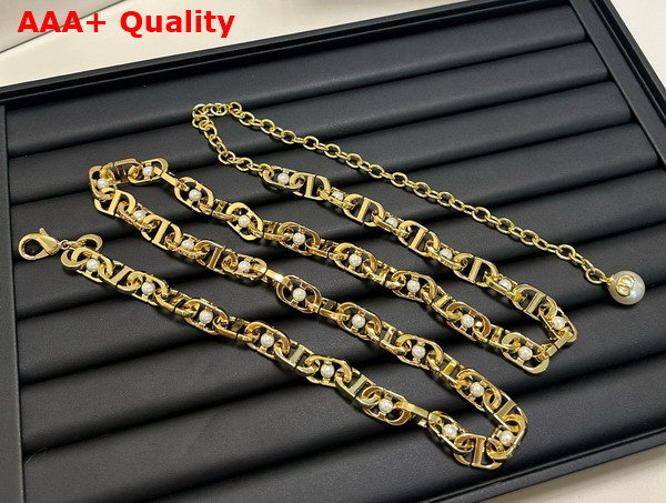 Dior 30 Montaigne Jolie Chain Belt Gold Finish Metal and White Resin Pearls 10mm Replica