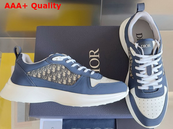 Dior B25 Runner Sneaker Navy Blue and Cream Smooth Calfskin with Beige and Black Dior Oblique Jacquard Replica
