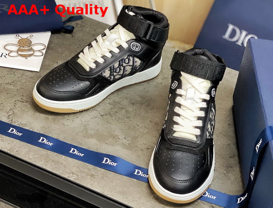 Dior B27 High Top Sneaker Black Smooth Calfskin with Beige and Black Dior Oblique Jacquard Canvas Replica