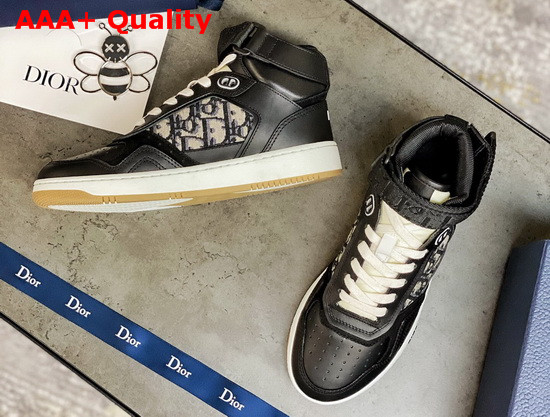 Dior B27 High Top Sneaker Black Smooth Calfskin with Beige and Black Dior Oblique Jacquard Canvas Replica