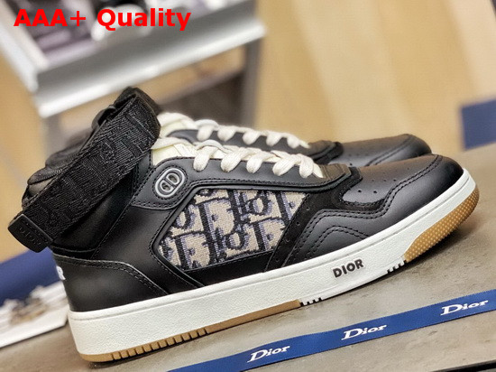 Dior B27 High Top Sneaker Black Smooth Calfskin with Beige and Black Dior Oblique Jacquard Canvas Replica