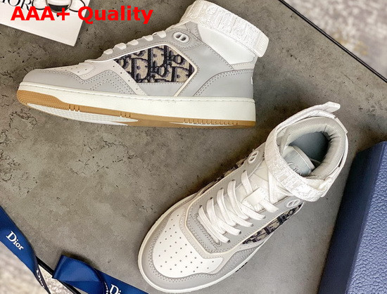 Dior B27 High Top Sneaker Gray and White Smooth Calfskin with Beige and Black Dior Oblique Jacquard Canvas Replica