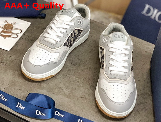 Dior B27 Low Top Sneaker Gray and White Smooth Calfskin with Beige and Black Dior Oblique Jacquard Canvas Replica