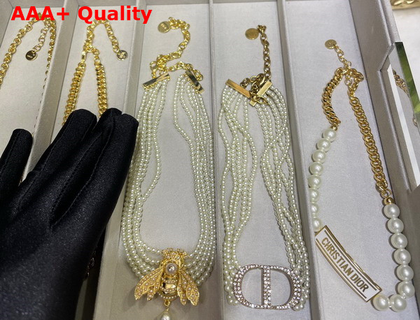 Dior Bee Necklace Gold Metal and White Resin Pearls Replica