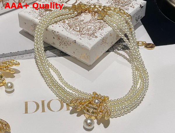 Dior Bee Necklace Gold Metal and White Resin Pearls Replica