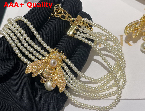 Dior Bee Necklace Gold Metal and White Resin Pearls Replica