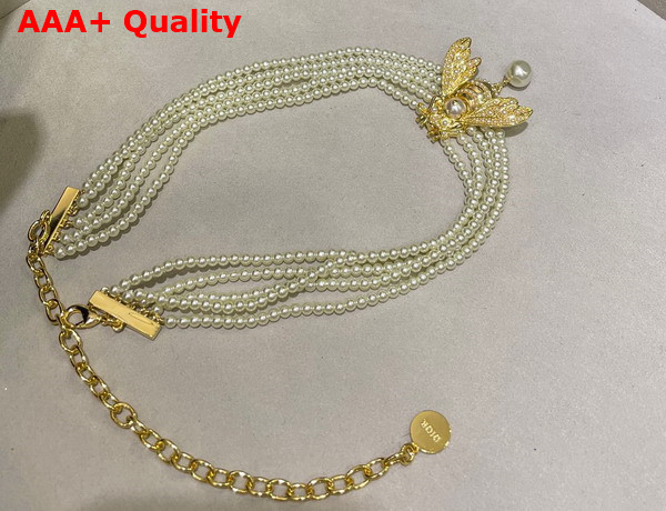 Dior Bee Necklace Gold Metal and White Resin Pearls Replica