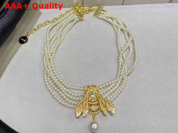 Dior Bee Necklace Gold Metal and White Resin Pearls Replica