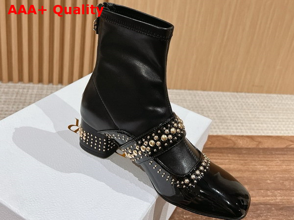 Dior Belle D Heeled Ankle Boot in Black Patent Calfskin and Gold Finish Studs Replica