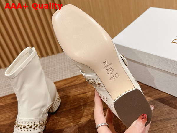 Dior Belle D Heeled Ankle Boot in White Patent Calfskin and Gold Finish Studs Replica