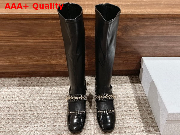 Dior Belle D Heeled Boot in Black Patent Calfskin and Gold Finish Studs Replica