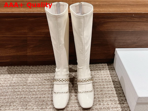Dior Belle D Heeled Boot in White Patent Calfskin and Gold Finish Studs Replica
