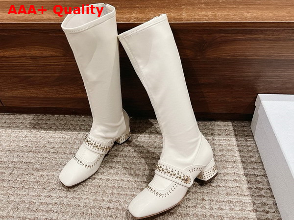 Dior Belle D Heeled Boot in White Patent Calfskin and Gold Finish Studs Replica