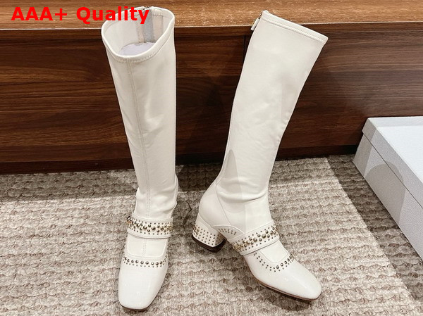 Dior Belle D Heeled Boot in White Patent Calfskin and Gold Finish Studs Replica
