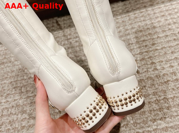 Dior Belle D Heeled Boot in White Patent Calfskin and Gold Finish Studs Replica