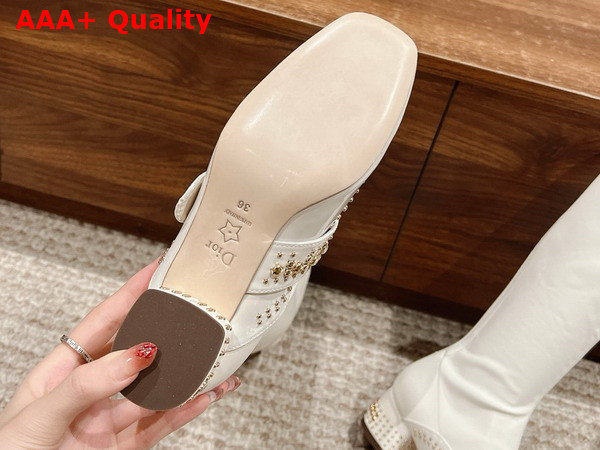 Dior Belle D Heeled Boot in White Patent Calfskin and Gold Finish Studs Replica