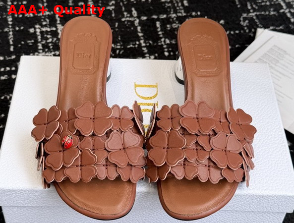 Dior Bloom Heeled Slide Camel Dior Clover Embroidered Lambskin Replica