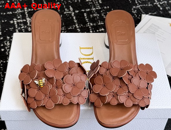 Dior Bloom Heeled Slide Camel Dior Clover Embroidered Lambskin Replica