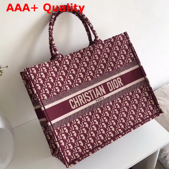 Dior Book Tote Bag in Burgundy Dior Oblique Embroidered Canvas Replica
