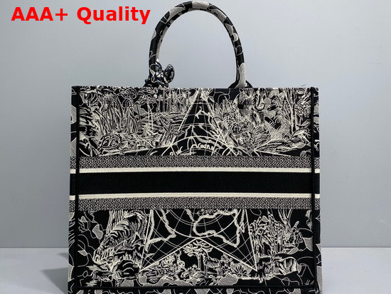 Dior Book Tote Black and White Dior Around the World Embroidery Replica