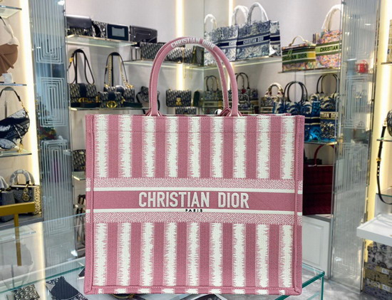 Dior Book Tote Pink Stripes Embroidery Replica
