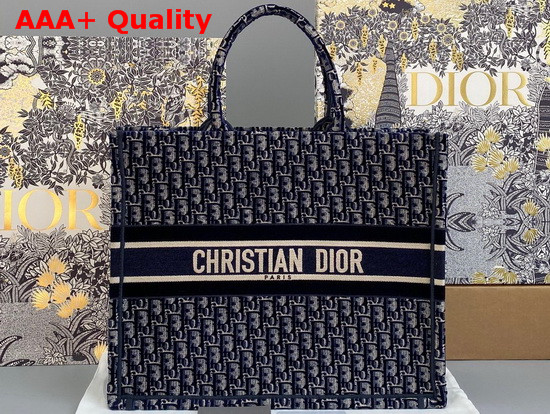 Dior Book Tote in Blue Dior Oblique Embroidered Velvet Replica