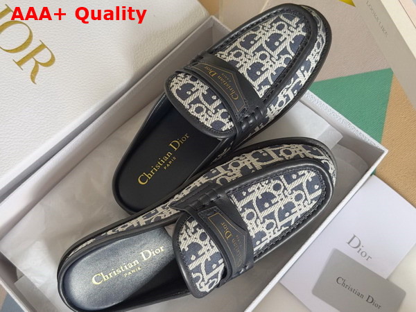 Dior Boy Mule in Deep Blue Cotton Embroidered with Dior Oblique Mitif and Calfskin Panels Replica