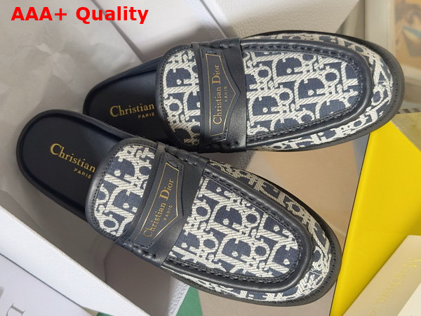 Dior Boy Mule in Deep Blue Cotton Embroidered with Dior Oblique Mitif and Calfskin Panels Replica