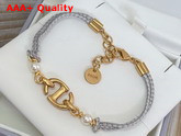 Dior CD Navy Bracelet Gold Finish Metal with Gray Cotton and White Resin Pearls Replica