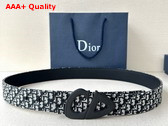 Dior CD30 Belt in Beige and Beige and Blue Micro Dior Oblique Jacquard and Black Grained Calfskin Replica
