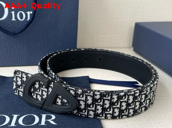 Dior CD30 Belt in Beige and Beige and Blue Micro Dior Oblique Jacquard and Black Grained Calfskin Replica