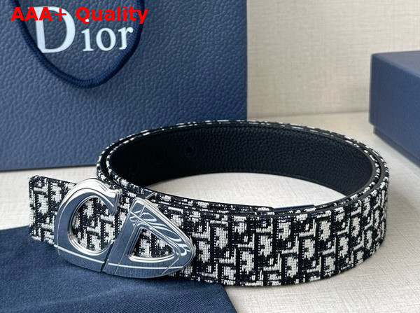 Dior CD30 Belt in Beige and Beige and Blue Micro Dior Oblique Jacquard and Black Grained Calfskin Replica