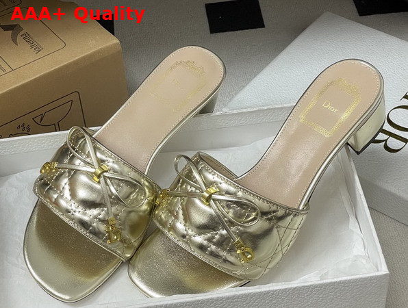 Dior Cannage Heeled Slide in Gold Tone Laminated Lambskin with Quilted Cannage Motif Replica