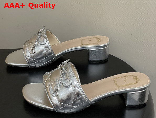 Dior Cannage Heeled Slide in Silver Tone Laminated Lambskin with Quilted Cannage Motif Replica