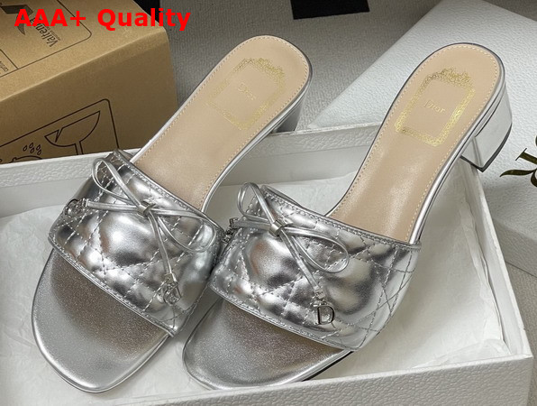 Dior Cannage Heeled Slide in Silver Tone Laminated Lambskin with Quilted Cannage Motif Replica