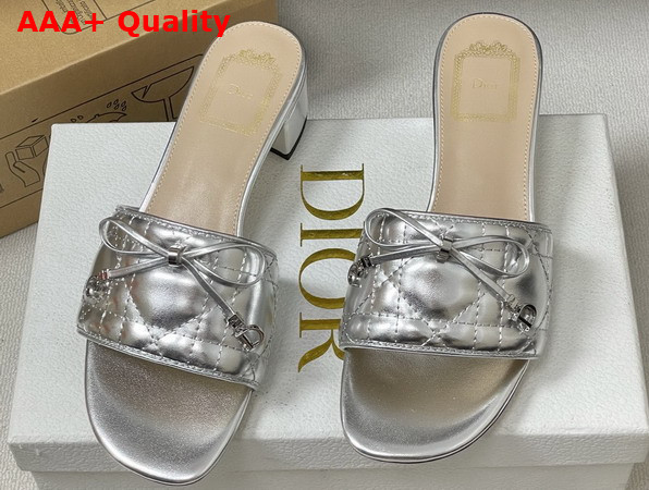 Dior Cannage Heeled Slide in Silver Tone Laminated Lambskin with Quilted Cannage Motif Replica