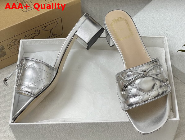 Dior Cannage Heeled Slide in Silver Tone Laminated Lambskin with Quilted Cannage Motif Replica