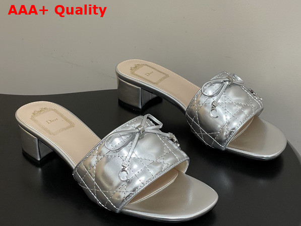 Dior Cannage Heeled Slide in Silver Tone Laminated Lambskin with Quilted Cannage Motif Replica