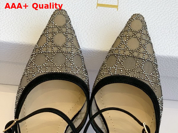 Dior Capture Heeled Mule in Transparent Mesh with Silver Tone Strass Cannage Motif and Black Suede Goatskin Replica