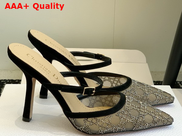 Dior Capture Heeled Mule in Transparent Mesh with Silver Tone Strass Cannage Motif and Black Suede Goatskin Replica
